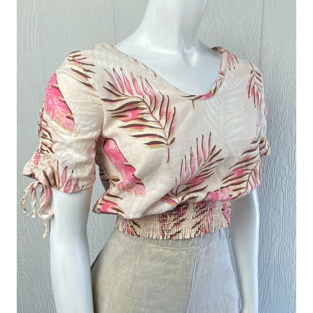 Tropical Print Women Crop Top Small Tie Sleeves Smocked Waist Barbie Vaca Resort - Picture 2 of 10